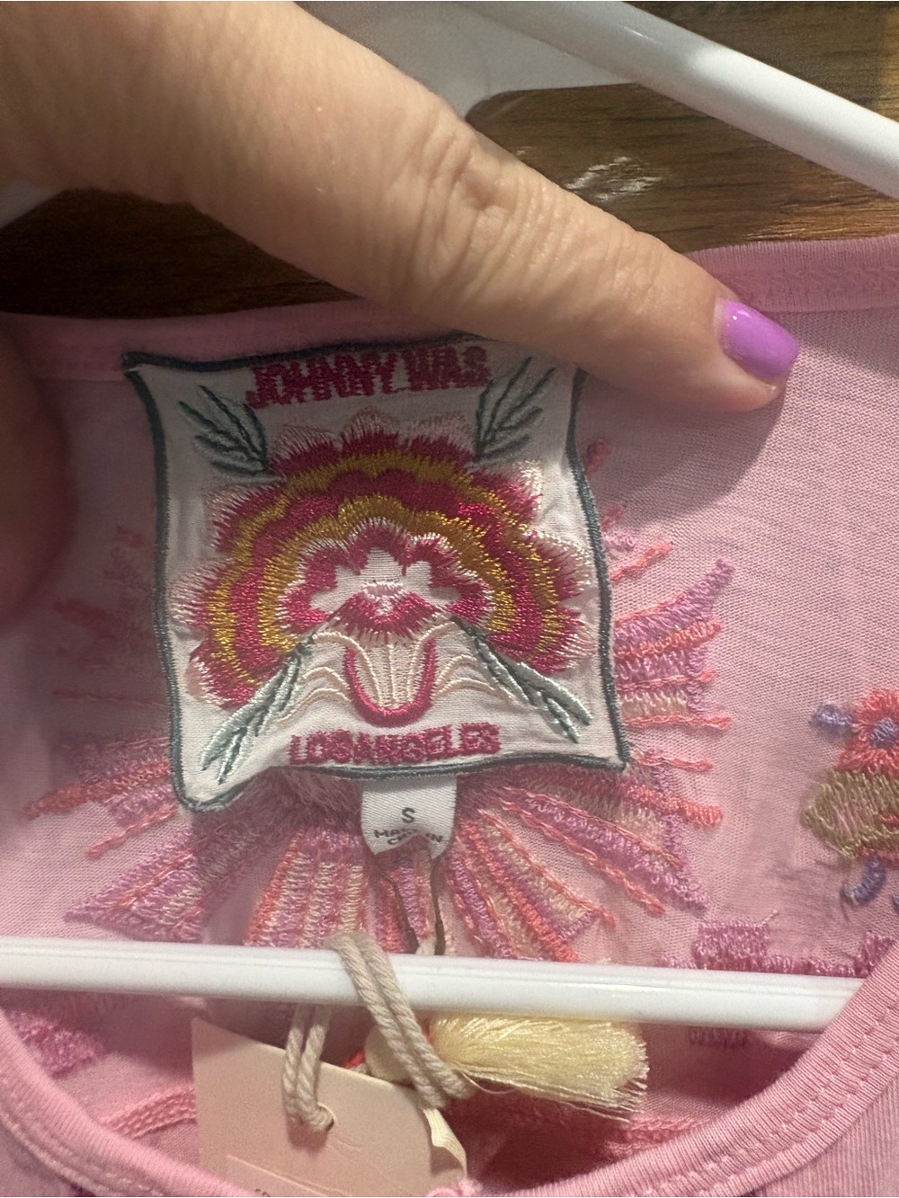 Johnny Was Pink Embroidered Tee with Floral & Bird Motif - Picture 4 of 9